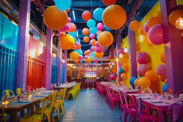 Vibrant children's birthday party venue decorated with balloons. Generative AI