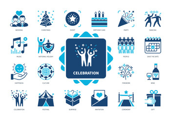 Celebration icon set. Christmas, Birthday Cake, Event, Invitation, Festival, Surprise, Wedding, Party. Duotone color solid icons