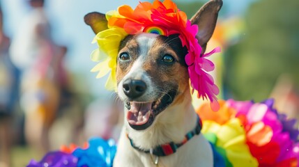 A happy Jack Russell dog wearing rainbow LGBT accessories, radiating joy and pride