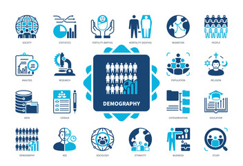 Demography icon set. Statistics, Census, Fertility, Mortality, Population, Research, Age, Ethnicity. Duotone color solid icons