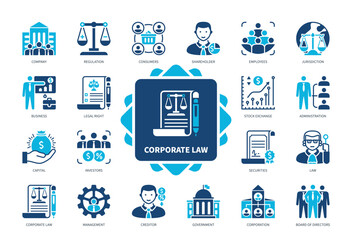 Corporate Law icon set. Regulations, Consumers, Jurisdiction, Investors, Corporation, Administration, Securities, Creditor. Duotone color solid icons