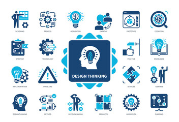 Design Thinking icon set. Ideation, Process, Technology, Knowledge, Cognition, Innovation, Inspiration, Prototype. Duotone color solid icons