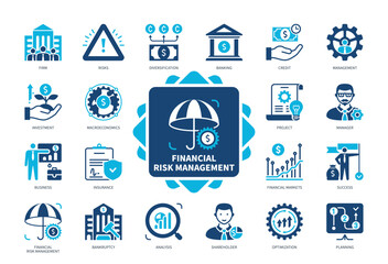 Financial Risk Management icon set. Firm, Management, Credit, Bankruptcy, Shareholder, Investment, Analysis, Success. Duotone color solid icons