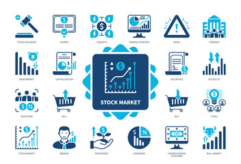 Stock Market icon set. Shares, Stock Exchange, Securities, Broker, Investment, Dividends, Capitalization, Volatility. Duotone color solid icons