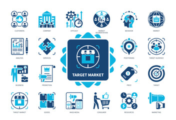 Target Market icon set. Company, Consumer, Efficacy, Market Segmentation, Target, Marketing, Promotion, Analysis. Duotone color solid icons