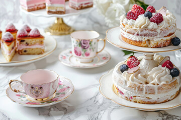 Tea party with cakes and ornate tea cups on a white marble background. Generative AI