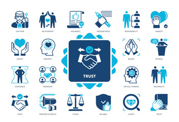 Trust icon set. Confidence, Freedom Press, Reliable, Sincerity, Honesty, Friendship, Critical Thinking, Clarity. Duotone color solid icons