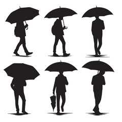Simple vector set of people silhouette with umbrella