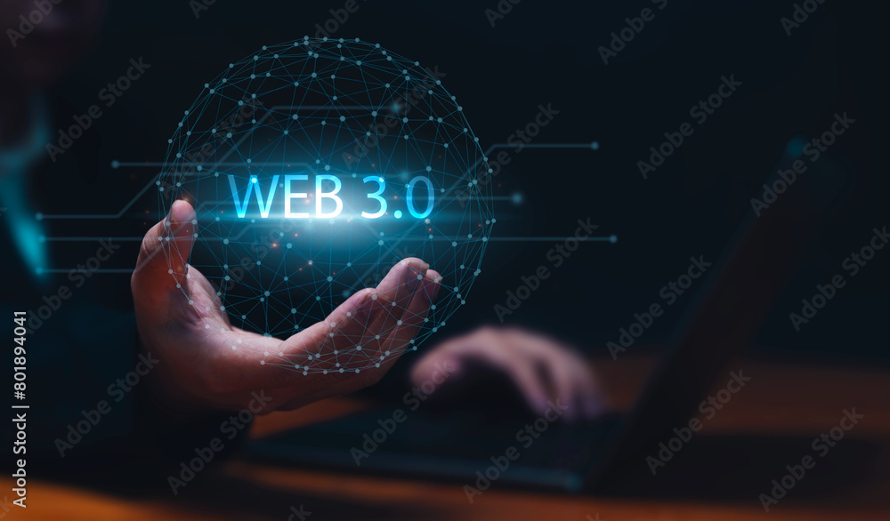 Poster futuristic business person using web 3.0 digital internet global communication networking.