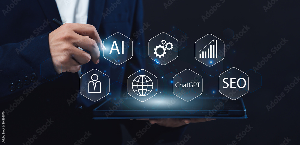 Poster business person using tablet with graphical charts data on marketing and ai intelligence strategy fo