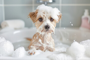 Dog washes in a bathroom. Dog taking bath at home