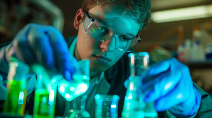 A chemistry student synthesizing a fluorescent dye in an organic chemistry lab, mastering...