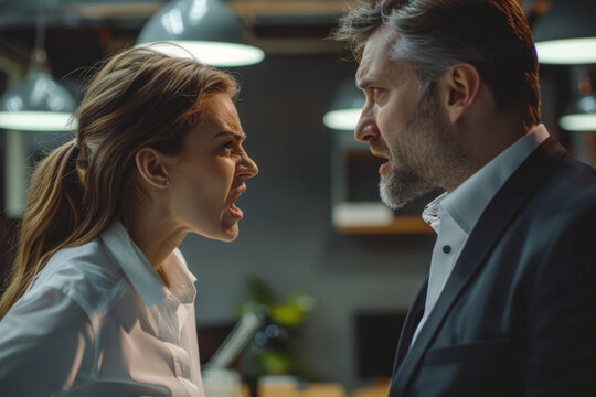 Out of control boss shouting to a stressed employee. Hostile boss and mobbing concept