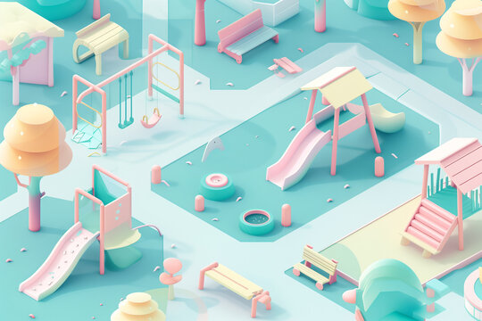 Isometric game map of a whimsical playground in soft pastel colors. Include clean pixel slides, swings and a sandbox.