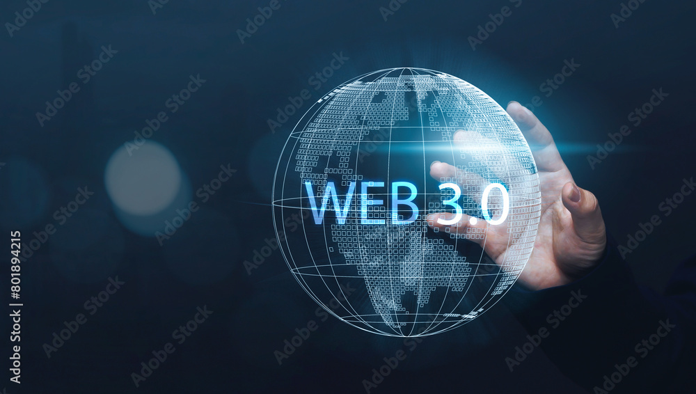 Poster future internet blockchain business person interacting with web 3.0 global communication and network