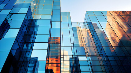 A modern skyscraper's reflective facade capturing the vibrant cityscape,