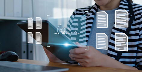 E-document in business transactions as a businessman efficiently signs digital smart contracts...