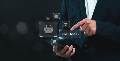Live shop ecommerce store concept, sales marketing selling products online live on streaming platform, sales business person advertisement strategy.