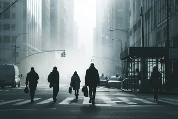 Commuters on their way to work in the dense morning fog of the city.

