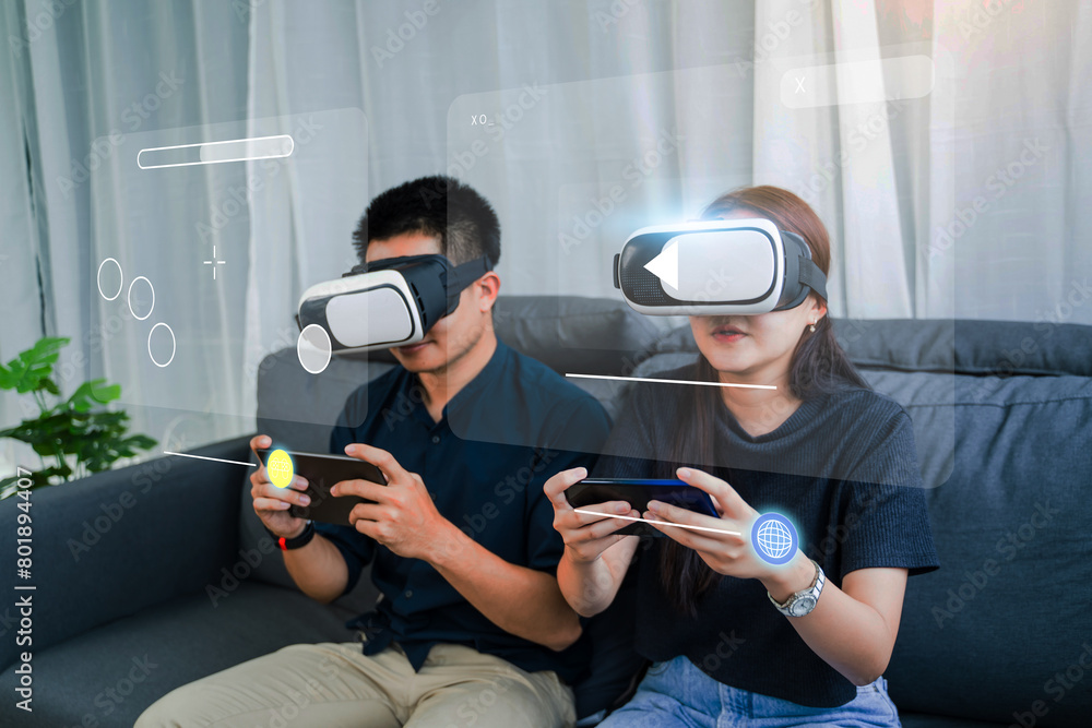 Poster couple using vr virtual reality headset interacting with an application system browsing the internet