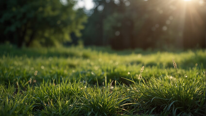 Close-up photograph of green grass in a field with the sun in the background.

