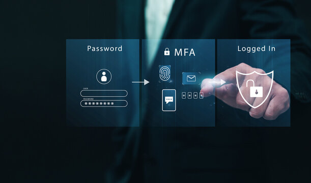 Multiple factor authentication MFA method using portable devices to protect data and account on internet data security concept, businessman finger touching secure computer technology graphics icon.