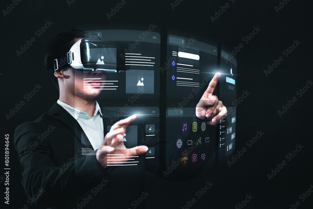Aufkleber asian businessman using vr virtual reality headset interacting internet browser window with an appli