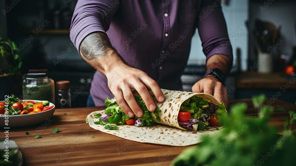 Wall mural a person assembling a mediterranean-inspired wrap with fresh veggies and lean protein - Wall murals
