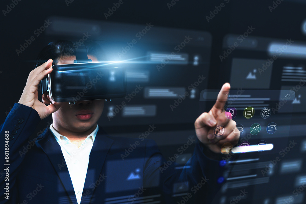 Aufkleber asian businessman using vr virtual reality headset interacting internet browser window with an appli