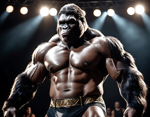 The image of a King Kong bodybuilder on stage with powerful pose, spot light in background