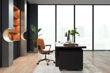 Clean luxury office interior with window and city view, bookcase and other objects. 3D Rendering.