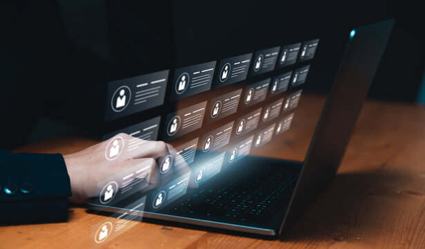 Human resources management businessman worker, managing employees information dada on individual worker, checking resume job application on hiring, reviewing online surveys and form, questions tests.