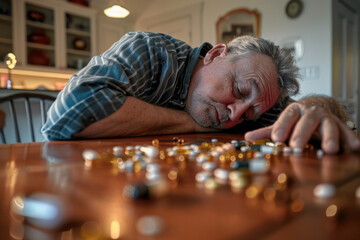 A man suffering from allergies, lying on a table covered with medication pills.

