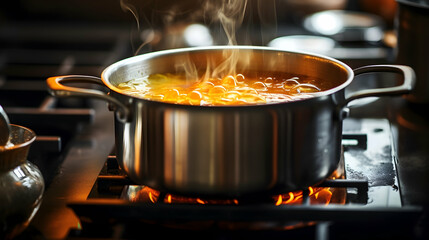 A pot of simmering soup on a stove,