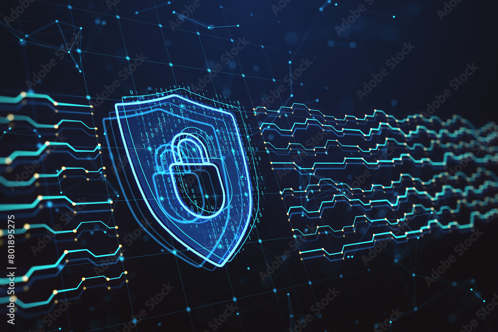 Poster creative glowing digital padlock hologram on dark background. safety and security concept. 3d render