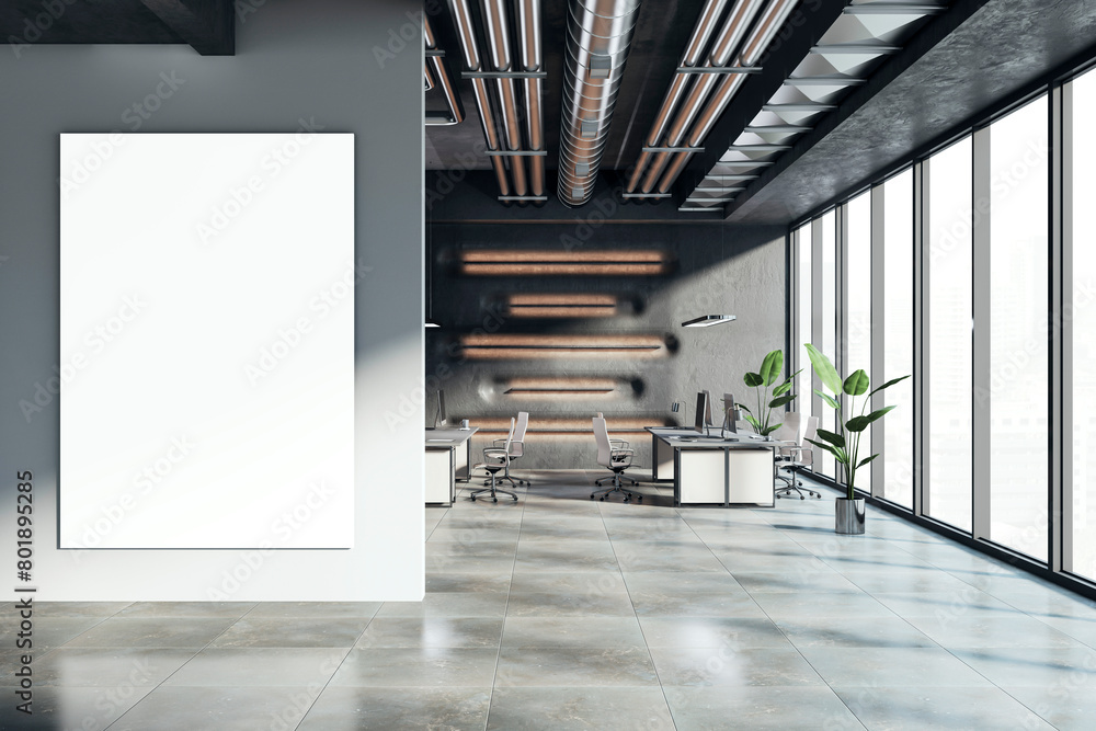 Poster modern coworking office interior with empty white mock up banner on wall, window and sunlight. 3d re
