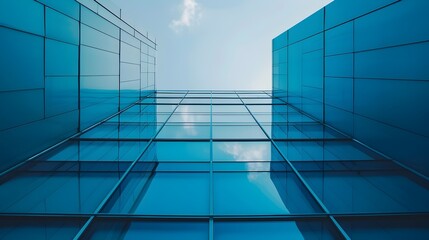 Fototapeta premium Minimalist Blue Glass Facade of Modern Urban Commercial Building