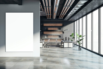 Obraz premium Modern coworking office interior with empty white mock up banner on wall, window and sunlight. 3D Rendering.