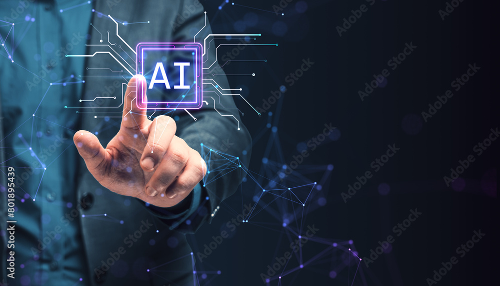 Aufkleber Close up of man hand pointing at glowing polygonal circuit AI hologram on dark background. Artificial intelligence and innovation concept. Mock up place.