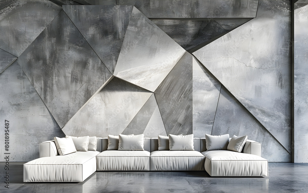 Poster a white couch is in a room with a wall that has a triangle shape. the couch is placed in the middle 