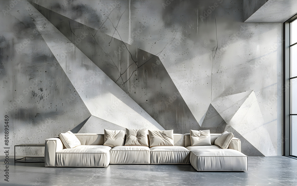 Poster a white couch is in a room with a wall that has a triangle shape. the couch is placed in the middle 