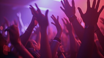 A group of people are at a concert, with their hands raised in the air