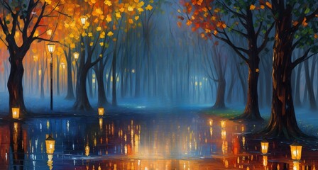 Beautiful autumn landscape with colorful trees in the park. Digital painting