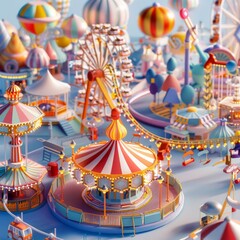 A colorful cartoon of a carnival with a carousel and a Ferris wheel