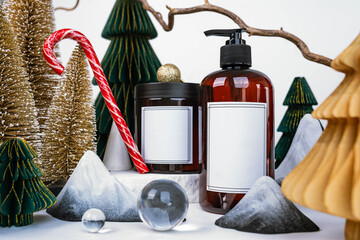 dark jar with lid and dispenser on the background of Christmas decorations, side view