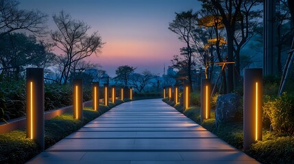 Obraz premium Twilight Garden Stroll: Illuminated Path
