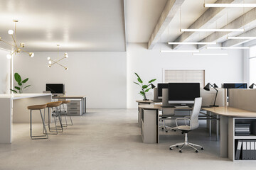 Sleek office space with contemporary design, industrial elements, and modern decor. 3D Rendering