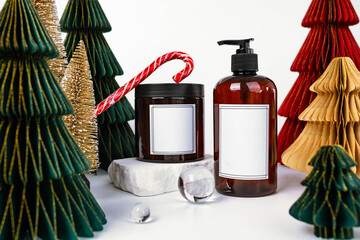 dark jar with lid and dispenser on the background of Christmas decorations, side view