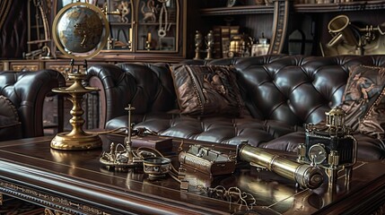 Victorian steampunk design with antique gadgets, brass accents, and leather upholstery.