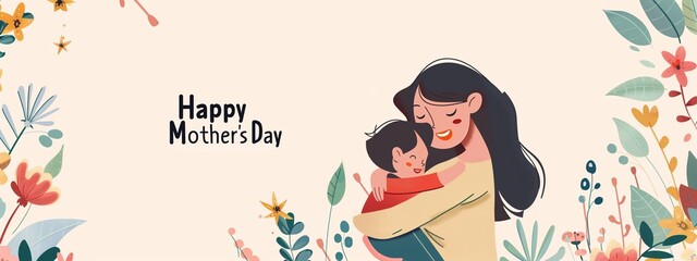 A cute mother holding her child in an illustration in the style of flat design with the text "Happy Mother's Day", pastel colors, flowers and leaves on the background